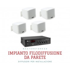 Sistema in kit per diffusione sonora Amplificatore PA con ingrasso AUX e Microfonico + 4 mini diffusori da muro bianchi