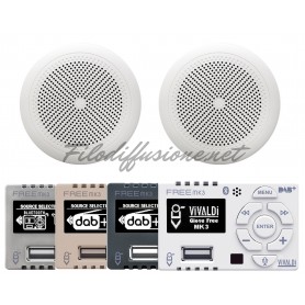 Sistema per diffusione sonora con amplificatore Giove FREE.BT e due diffusori MARINE6 da incasso 2 vie per BAGNO