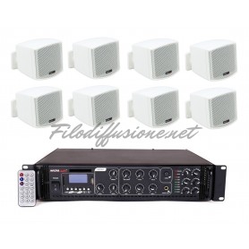 Sistema in kit per diffusione sonora Amplificatore MULTIZONA integrato con Radio / USB e 8 mini diffusori da muro bianchi