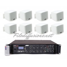 Sistema in kit per diffusione sonora Amplificatore MULTIZONA integrato e 8 mini diffusori da muro bianchi