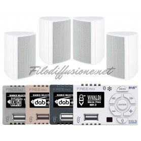 Impianto audio per diffusione sonora con amplificatore su scatola 503 e diffusori da parete