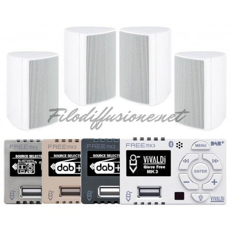 Impianto audio per diffusione sonora con amplificatore su scatola 503 e diffusori da parete