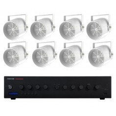 Impianto audio spazi aperti con amplificatore integrato Radio/USB/SD multizona e 6 diffusori proiettori sonori
