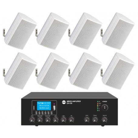 Sistema per filodiffusione composto da Amplificatore 5 zone con sorgenti e 10 diffusori bianchi da parete