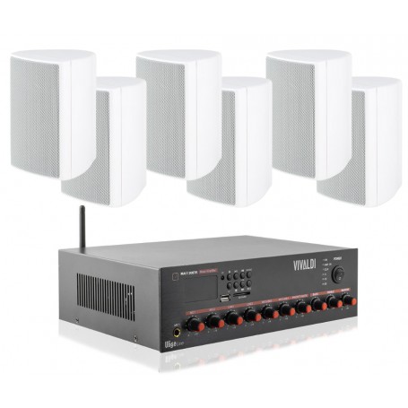 Sistema di filodiffusione in kit - Amplificatore con RADIO/USB + 6 Diffusori Neri da Muro