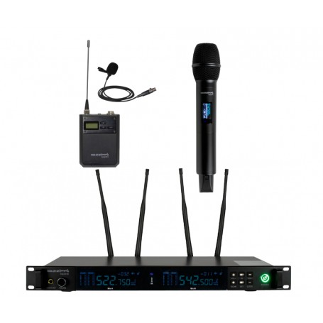 Sistema Wireless 1 radiomicrofoni palmari 1 Lavalier e ricevitore