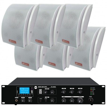Impianto filodiffusione con 6 diffusori a mezza luna da superficie e amplificatore MULTIZONA PA con sorgenti RADIO/USB AUX