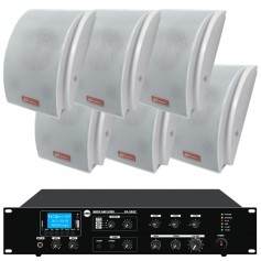 Impianto filodiffusione con 6 diffusori a mezza luna da superficie e amplificatore MULTIZONA PA con sorgenti RADIO/USB AUX