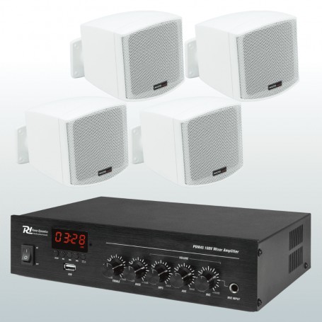 Sistema in kit per diffusione sonora Amplificatore PA con ingrasso AUX e Microfonico + 4 mini diffusori da muro bianchi