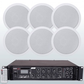Sistema di filodiffusione con amplificatore PA MULTIZONA con sorgenti RADIO/USB e 6 Diffusori circolari 6W - 100V