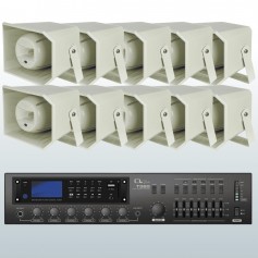 Impianto audio spazi aperti con amplificatore integrato Radio/USB/SD multizona e 6 diffusori proiettori sonori