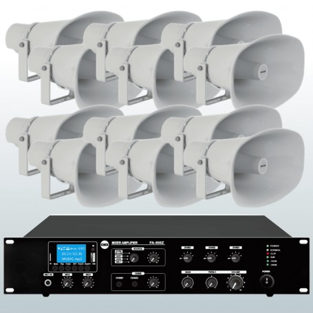 Impianto diffusione sonora per spazi aperti con amplificatore e 6 trombe megafono
