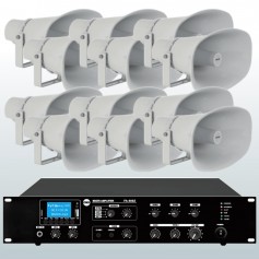 Impianto diffusione sonora per spazi aperti con amplificatore e 6 trombe megafono