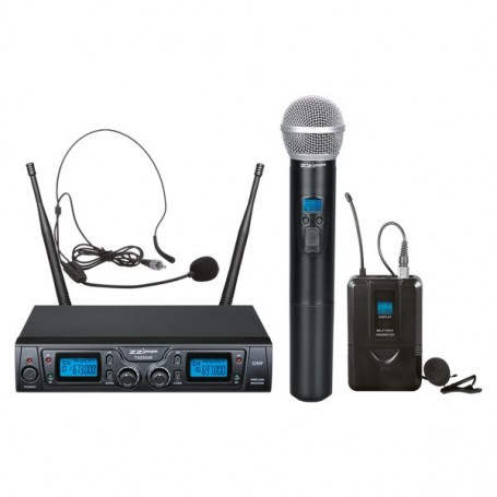 Set combinato doppio radiomicrofono UHF 16 canali. 1 trasmettitore a gelato e 1 bodypack.
